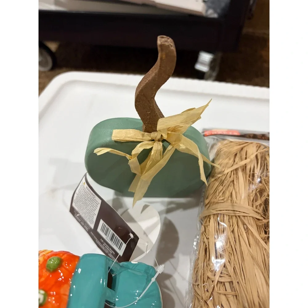 Fall Harvest Decor Lot Teal Ceramic Light Up Pumpkin Trucks Raffia Wood Pumpkin